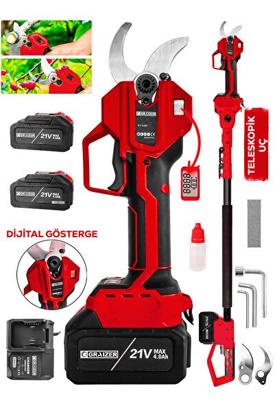Graizer K-50 Mm Dijital Kömürsüz Akülü Bağ Dal Ağaç Kesme Biçme Budama Şarjlı Makası Makinesi + Teleskop