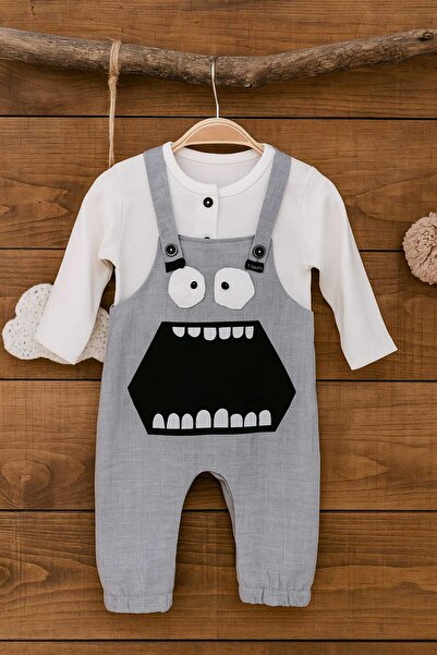 krm kerem bebe Baby Boy Long Sleeve T-Shirt and Patterned Salopet Set