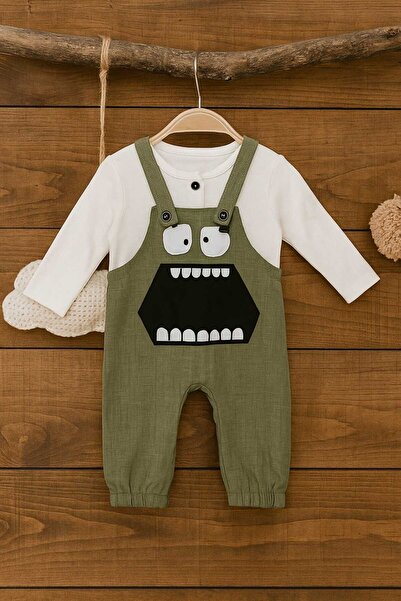 krm kerem bebe Baby Boy Long Sleeve T-Shirt and Patterned Salopet Set