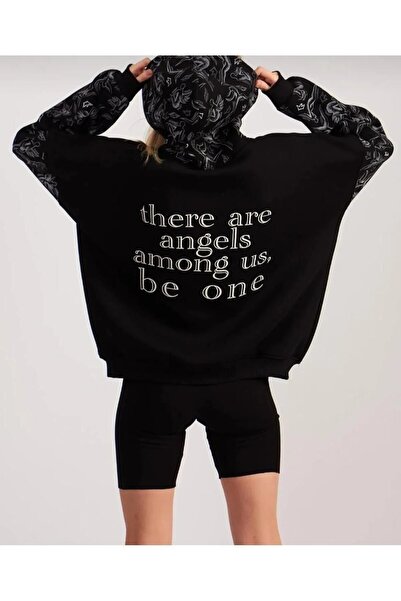 LUSHN سويت شيرت نسائي بقلنسوة ورسومات مطبوعة على شكل ملاك وأكمام كبيرة الحجم