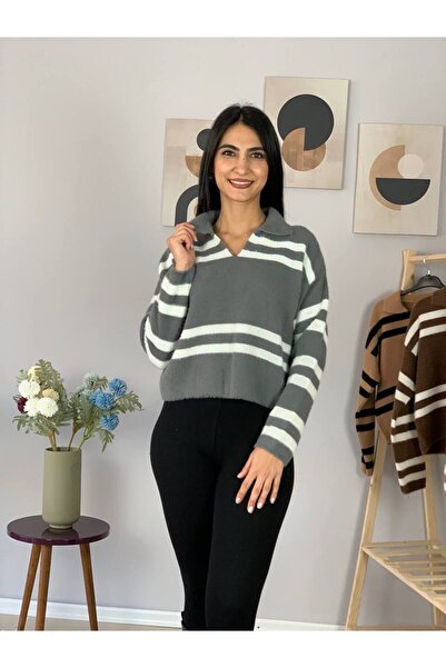 YusGos Women's Polo V-Neck Bearded Knitwear Crop Sweater