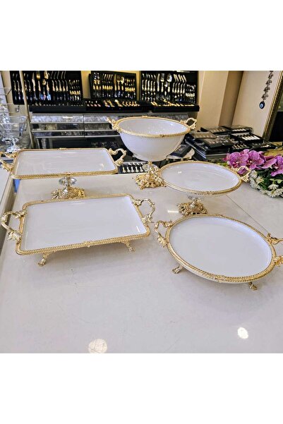 MaviDamla Cast Iron Edged Frame Footed Porcelain Presentation Set Gold 5 Pieces
