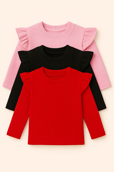 özge başaran Girl's 3-Piece Long Sleeve Ribbed Bodysuit Set - Pink, Black, Red - Ruffle Detailed Soft