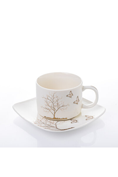 Malooki Set 2 Porcelain Coffee Cups 150 ml with Square Saucer – Tree & Golden Butterflies