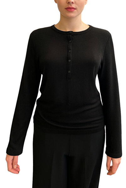 Qualia Butik Women's Button Detailed Soft Textured Long Sleeve Blouse