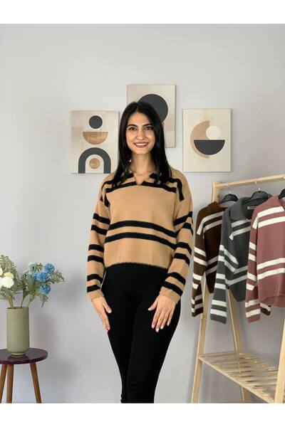 YusGos Women's Polo V-Neck Bearded Knitwear Crop Sweater