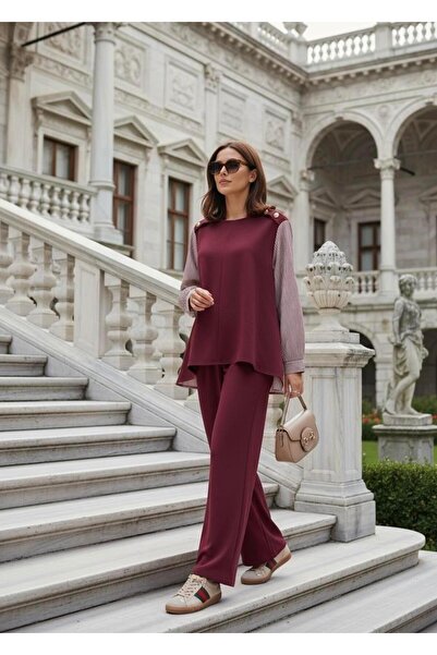 Aselim Hijap Moda Merina Double Suit – Burgundy with Striped Shirt Detail