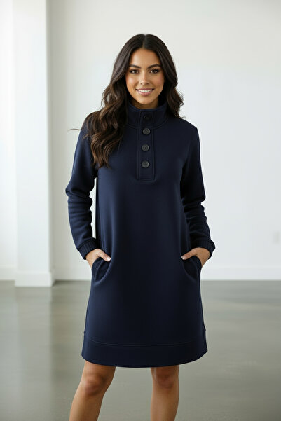 LYVEAN فستان من القطن الممشط بثلاثة خيوط ش مبطن بالصوف أو قصة فضفاضة بأزرار