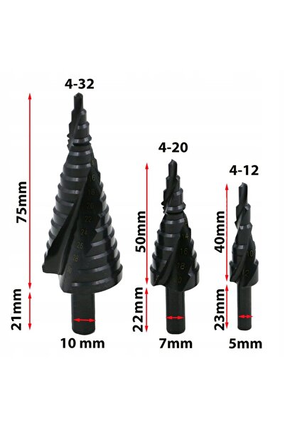 EBA Set of 3 eBA® conical drill bits, functional design, stepped, 4- 32 mm, s...