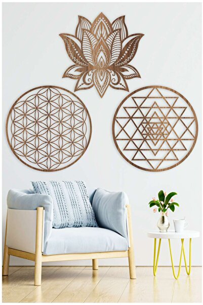 UNT 3'lü Lotus ve Geometrik Sembol Duvar Dekoru Seti – MDF Lazer Kesim