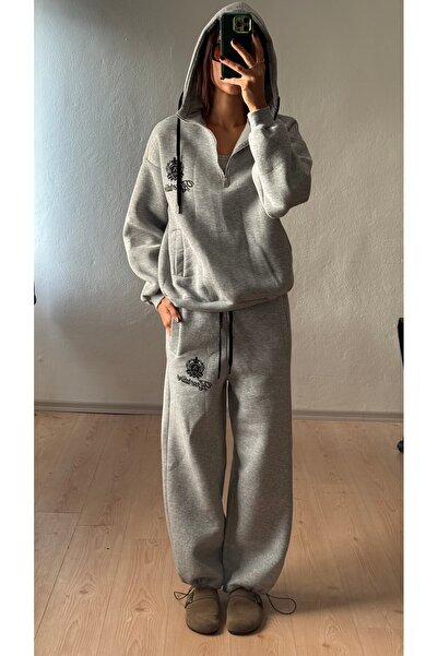 Azimutgiyim طقم رياضي K بغطاء رأس مع بطانة من الصوف وحاجز عند الأرجل - رمادي