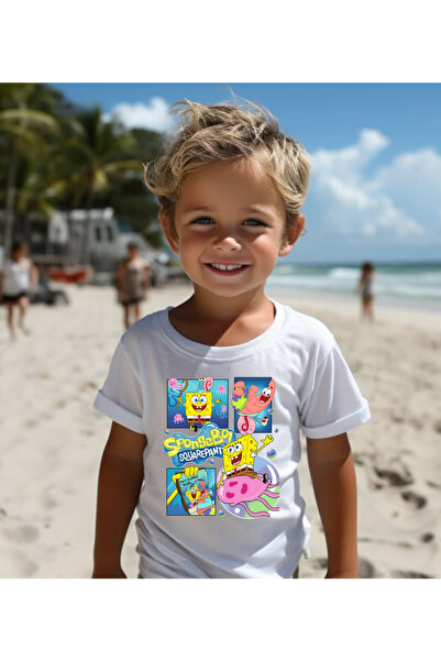 Tubinyoo تي شيرت سبونج بوب وباتريك مطبوع للأطفال باللون الأبيض