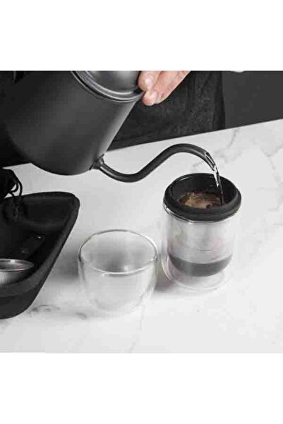 Diguo 2-in-1 Coffee Drip and Serving Cup V60 with Stainless Steel Filter, Double Insulated Glass Cup, Black, 250ml