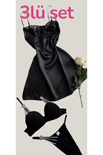 SATTENS 3-Piece Set Gift for Lover Nightgown Bra Panties