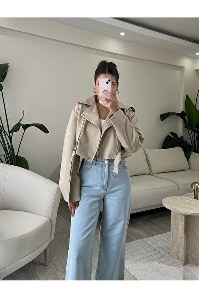 Ekim Store Kemerli Oversize Crop KREM Deri Ceket