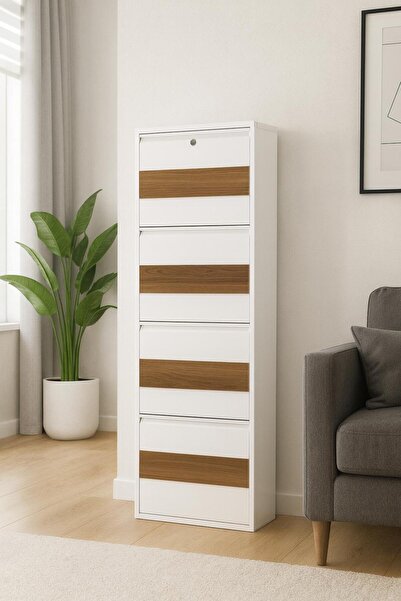 Moemi 4'lü BEYAZ Metal Ayakkabılık Ahşap Ceviz Kaplamalı(KİLİTLİ)