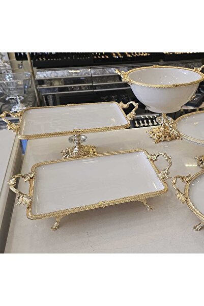 MaviDamla Cast Iron Edged Frame Footed Porcelain Presentation Set Gold 5 Pieces