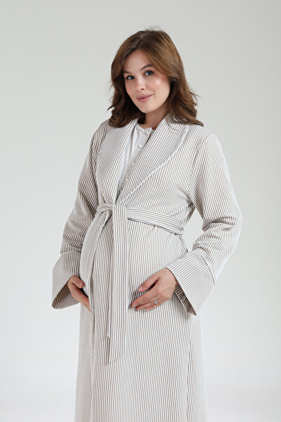 Lohussa Set de cămașă de noapte pentru femei, bej melange, jacquard, cu guler șal, lungime întreagă, mânecă lungă, design special, pentru maternitate