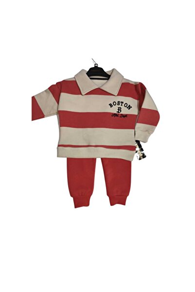 Yiğit Eymen bebe Boston Yazılı Kırmızı Beyaz Çizgili Erkek Çocuk Polo Yaka Üç İplik Şardonlu Sweatshirt - 2-3-4-5 Yaş