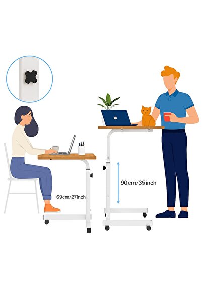 EBA eBA® Height Adjustable Mobile Table with Wheels, Chipboard Top 60x40 cm, Brown Color, Ideal for Milk