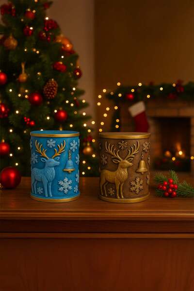 Otaera Yılbaşı Geyikli Dekoratif Obje 2’li Set - Mavi & Altın Renk, Noel Süsl...