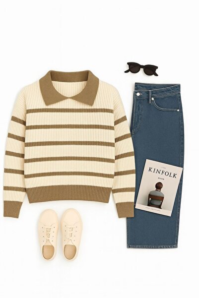 YUGA KNİTTİNG Pulover de bază oversize cu guler polo tricotat SELANİK pentru ...