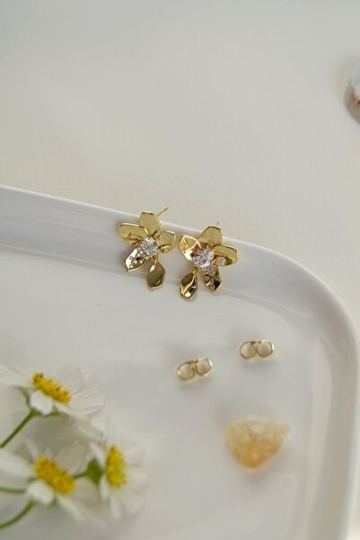 Sacce Scarves&Accessories Zirkon Taşlı Zarif Çiçek Küpe – 14K Gold Rodyum Kaplama Sallantılı Minimal Küpe (Çelik)