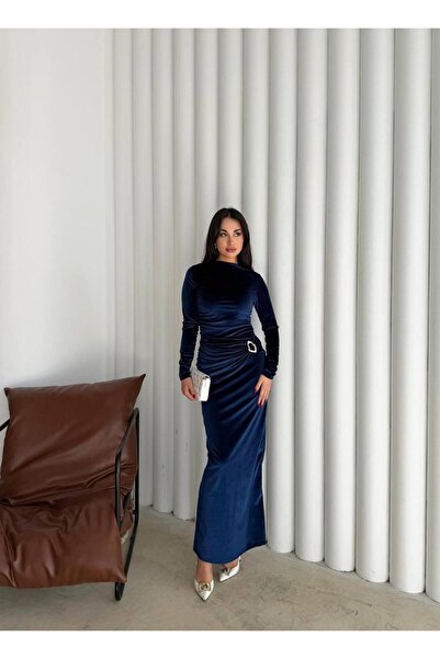 mafdress Women's Navy Blue Turtleneck Waist Buckle Detail Long Evening Dress