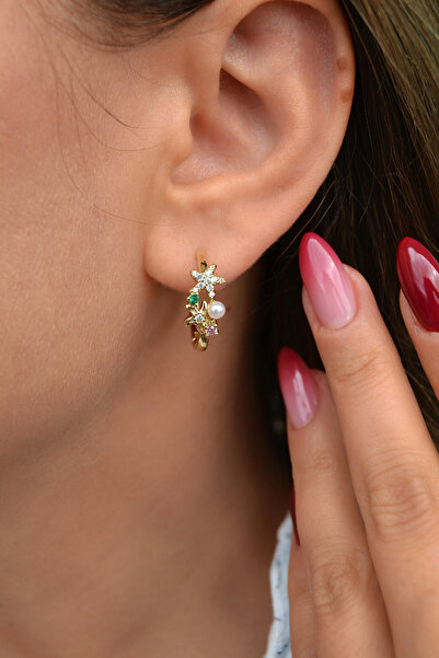 Sacce Scarves&Accessories Deniz Yıldızı Detaylı İncili Halka Küpe – 14K Gold Rodyum Kaplama Zirkon Küpe (20 mm)