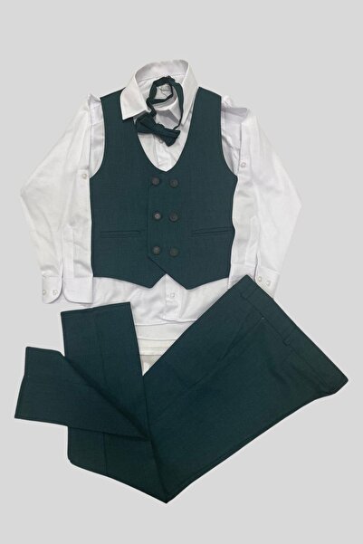 Tarz Çocuk Boy's Green Vest Set Piece Suit with Bow Tie