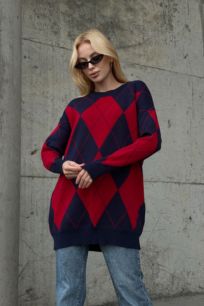 bacc Navy Blue Crew Neck Diamond Pattern Knit Sweater Bcvl-253027