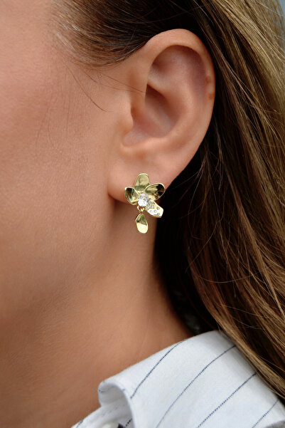 Sacce Scarves&Accessories Zirkon Taşlı Zarif Çiçek Küpe – 14K Gold Rodyum Kaplama Sallantılı Minimal Küpe (Çelik)