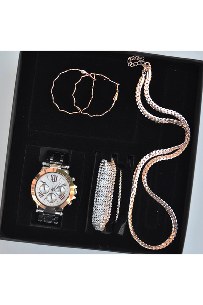 COLESİUM Silver Rose Kolye Küpe Bileklik Saat Seti 3669