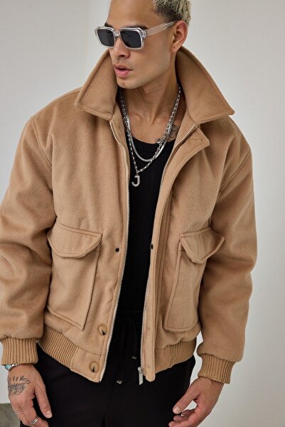 MADZEYMODA Премиум мъжка светлокафява кашмирена бомбър яке LS-50669