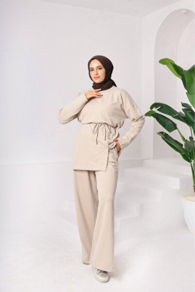 New Lune Women's Top and Bottom Set, Tie-Waist, Button Slit Detail, 2-Thread Knitted Fabric, Comfortable Fit