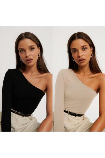 ÖZ PAMUK 2Pcs One Shoulder Open Long Sleeve Blouse