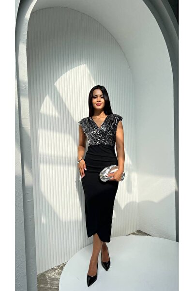 Larenmoda Pul payet siyah kalem elbise