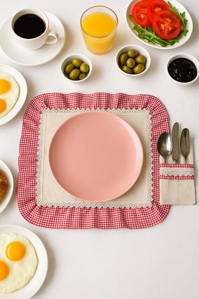 h homerest 6 Kişilik Dış Kırmızı Dantelli Ekru Amerikan Servis, 6 Adet Ekru D...