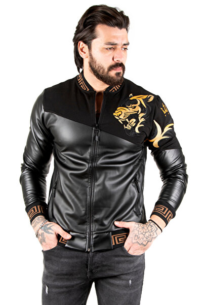 DeepSEA Black Geometric Patterned Stoned Faux Leather Men's Coat 2200367