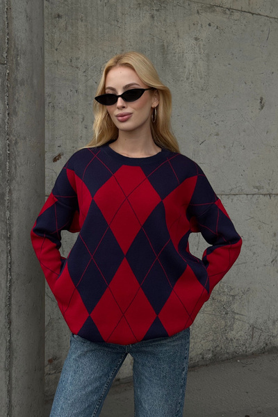 bacc Navy Blue Crew Neck Diamond Pattern Knit Sweater Bcvl-253027