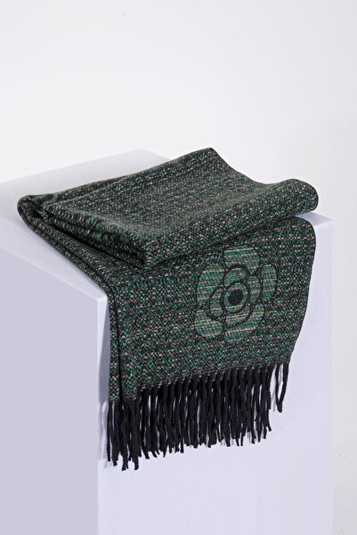 HERCHES وشاح شتوي من الصوف بنقشة الورد - أخضر داكن