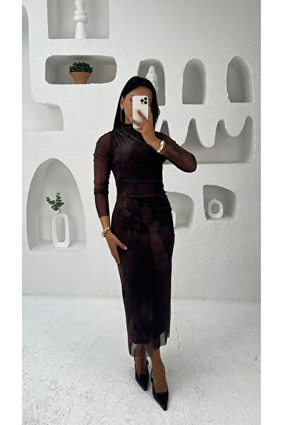 Nida Boutique Buy Draped Half Turtleneck Long Sleeve Lined Tulle Dress