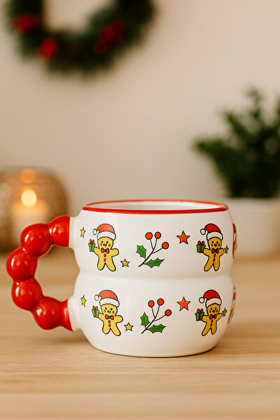 İZart Beaded Handle, Layered Cookie Patterned, Christmas Themed, Completely Handmade, Special Design Ceramic Mug