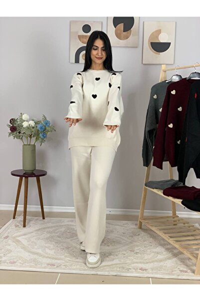 YusGos Women's Long Sleeve Heart Pattern Crew Neck Knitwear Sweater Pants Set