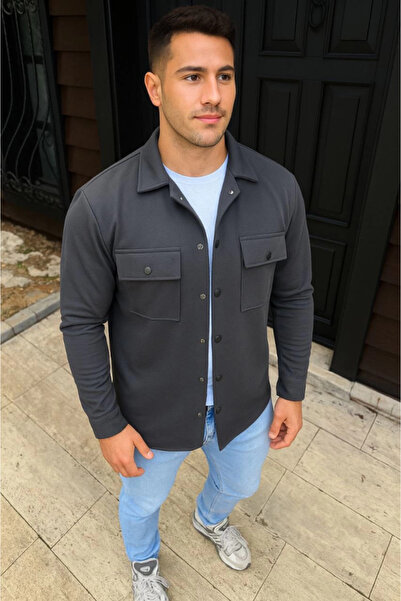 REKA MODA Men's Diagonal Fabric Pocket Snap Fastener Long Sleeve, Shirt Oversized Comfortable Fit Casual Stylish Style