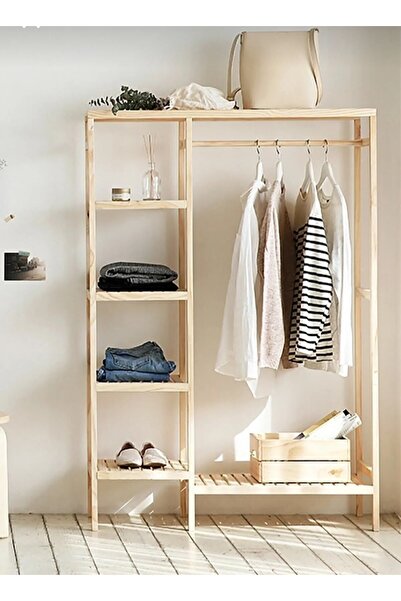 MİRRORSS Ahşap Ayaklı Askılı Raflı Çok Amaçlı Elbise Dolabı gardrop portmanto