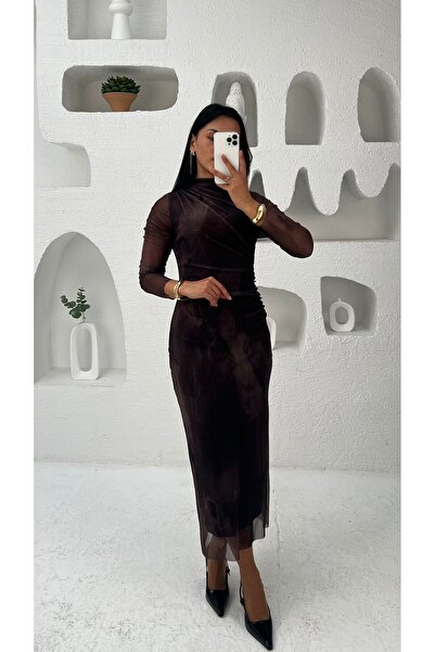 Nida Boutique Buy Draped Half Turtleneck Long Sleeve Lined Tulle Dress