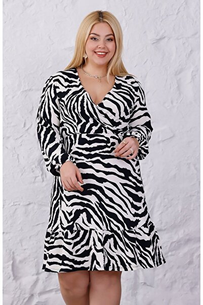 Truva XXL Plus Size Wrinkled Fabric Double-Breasted Collar Zebra Pattern Knee Length Dress
