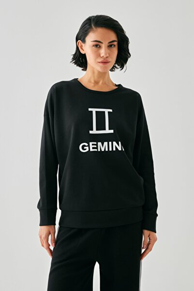 Akbeniz Γυναικεία μαύρη φόρμα με σήμα Ζωδίου Δίδυμοι Ο oversized με 2 κλωστές, σετ για το σπίτι