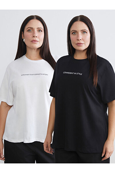 LC Waikiki تي شيرت نسائي مطبوع مقاس كبير من فريزن ستور، عبوة من قطعتين